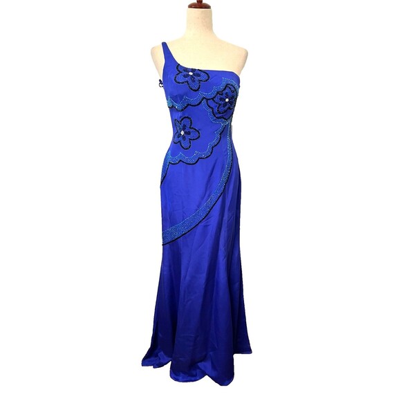 Vtg MIKE BENET FORMALS Sz 8 100% Silk Long Gown Dress Blue Floral Beaded Prom - Picture 1 of 14